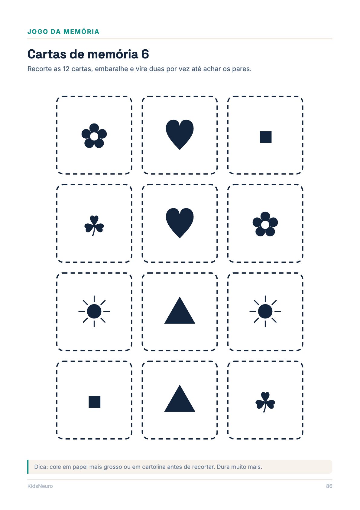 Cartas de memória para recortar